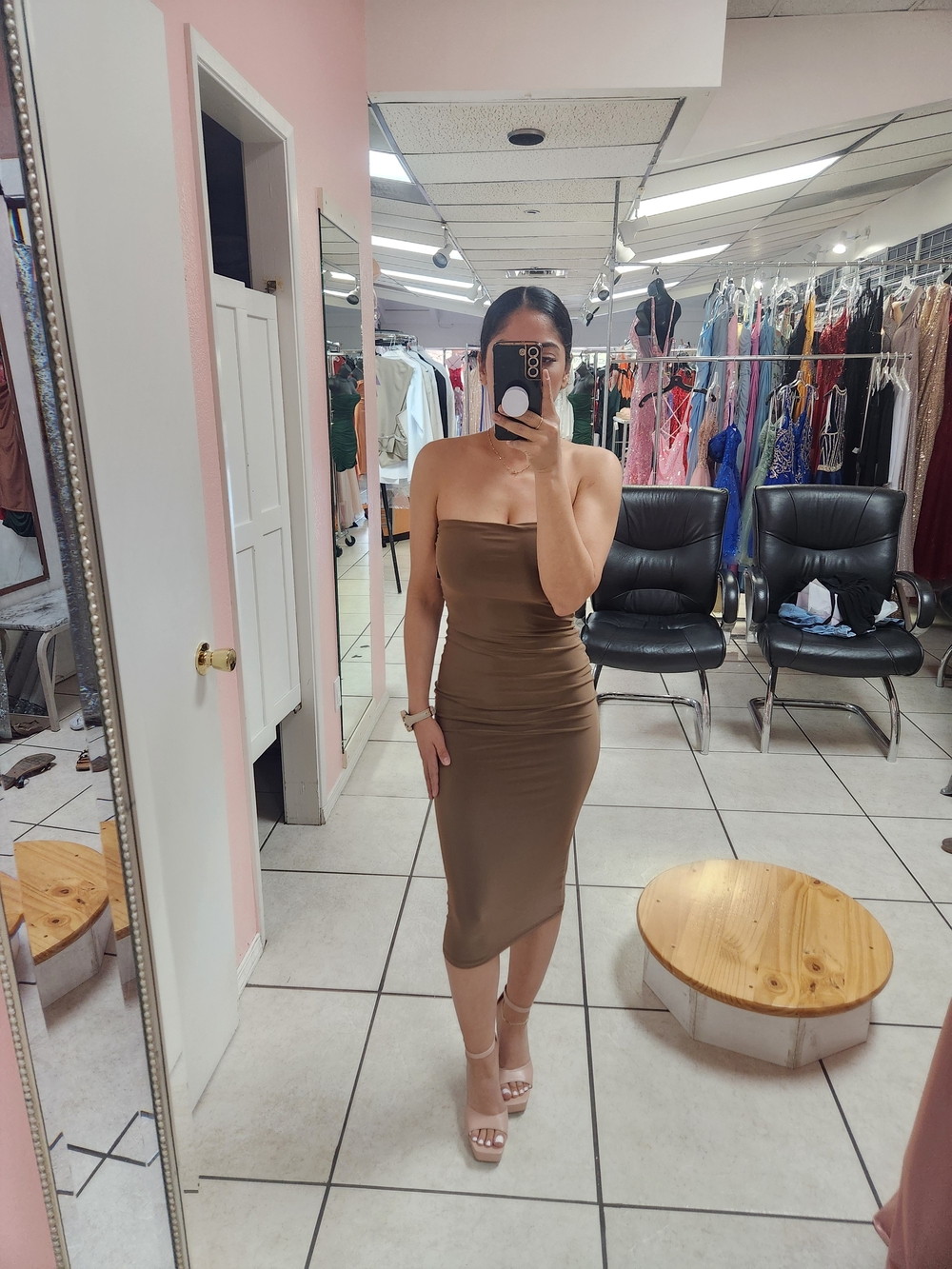 Strapless Bodycon Tube Midi Dress in Brown